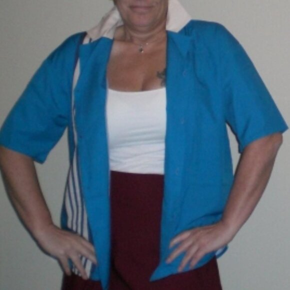 Women's Blue and Cream Shirt, L, Women's Hawaiian Retro Bowling 1950s Style Shir - Picture 6 of 7